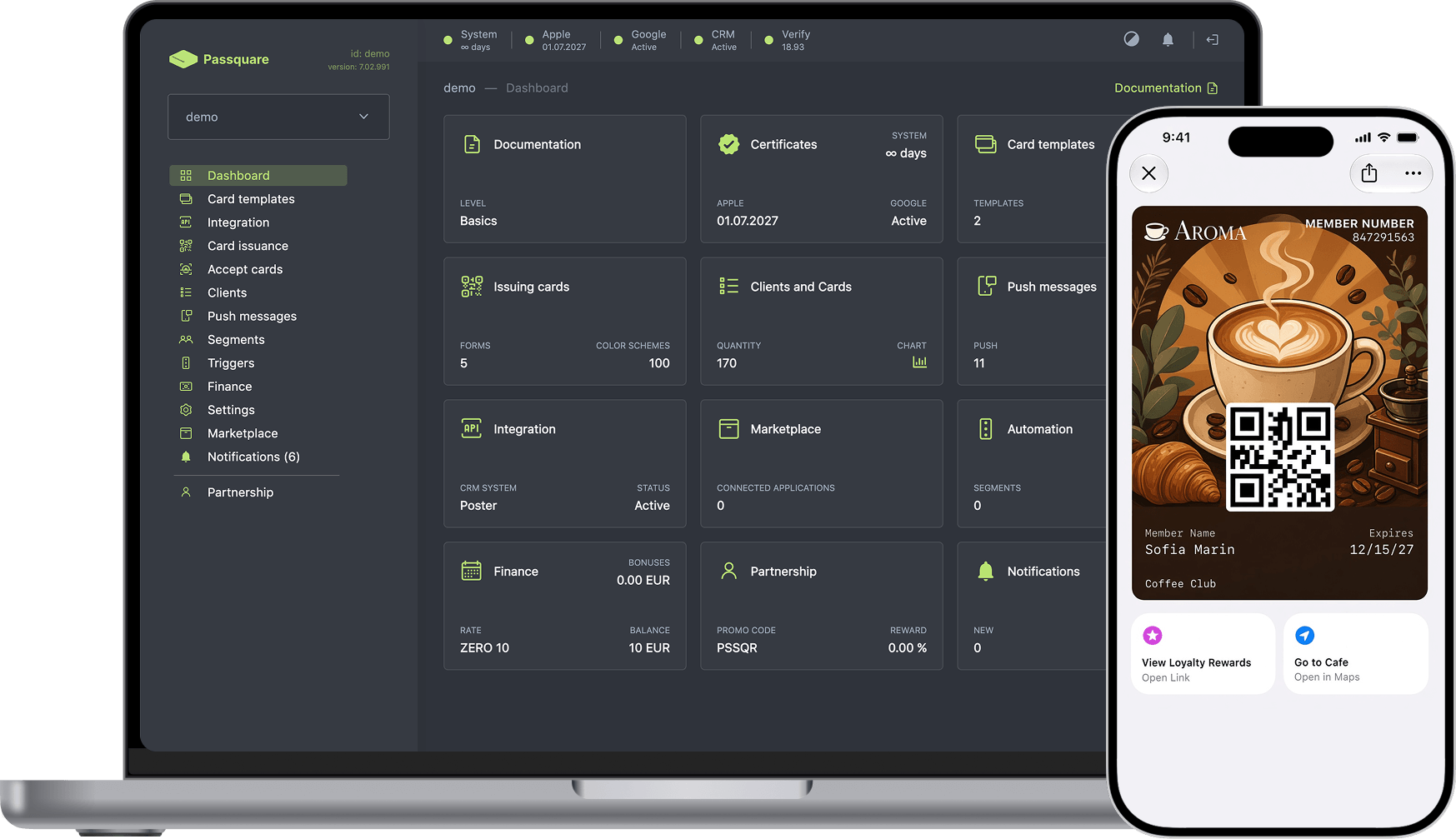 Passquare dashboard and Apple Wallet loyalty card