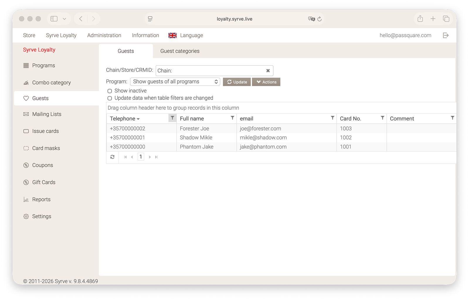 Wallet passes list in Syrve